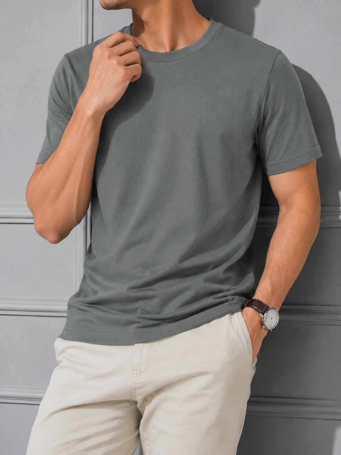 SOFT COTTON ROUND NECK MEN'S T-SHIRT PASTEL GREY