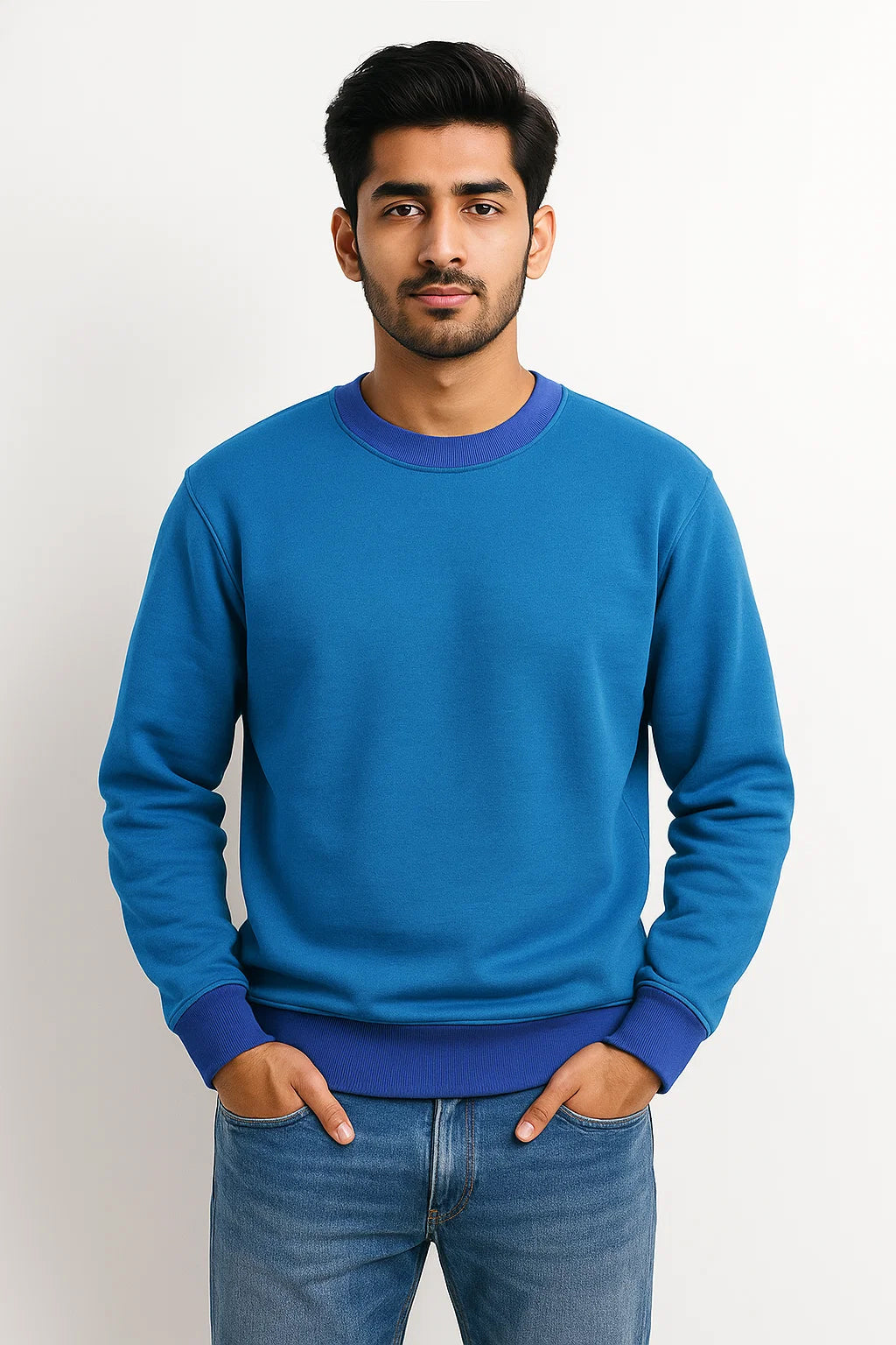 Soft Blue Sweatshirt with Deep Blue Collar